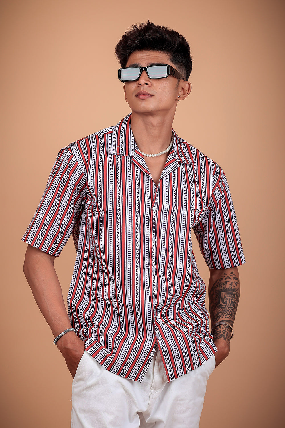 Red And White Printed Half Sleeve Shirt