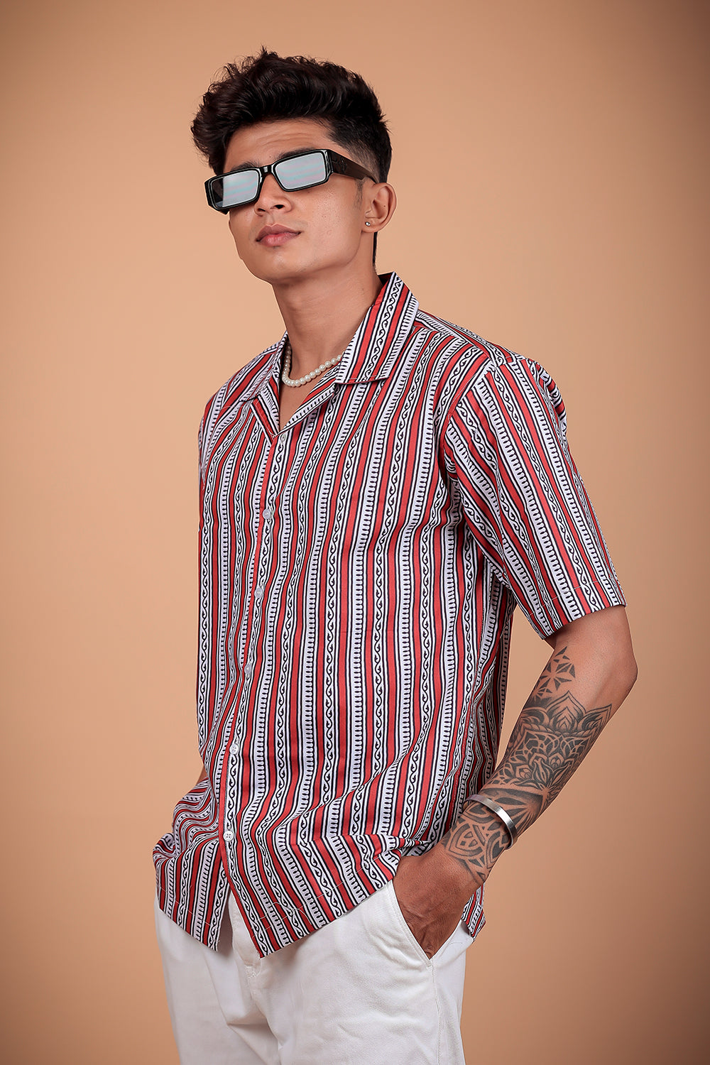 Red And White Printed Half Sleeve Shirt