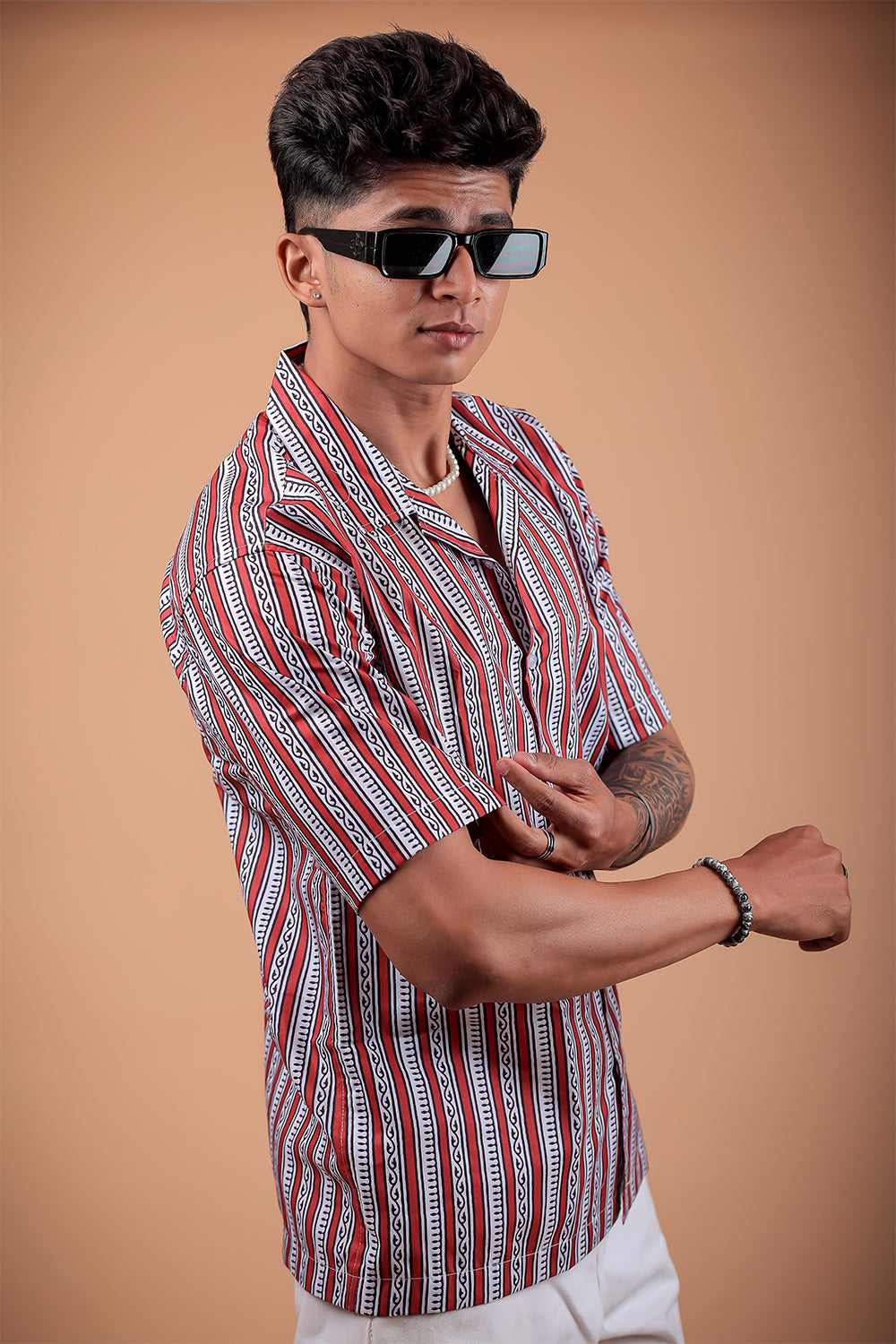 Red And White Printed Half Sleeve Shirt