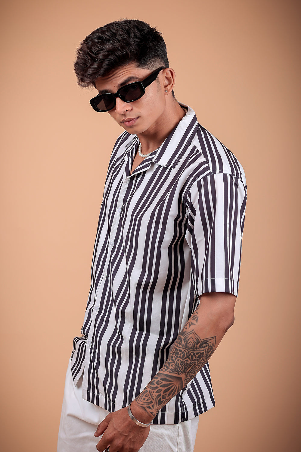 Black And White Striped Printed Half Sleeve Shirt