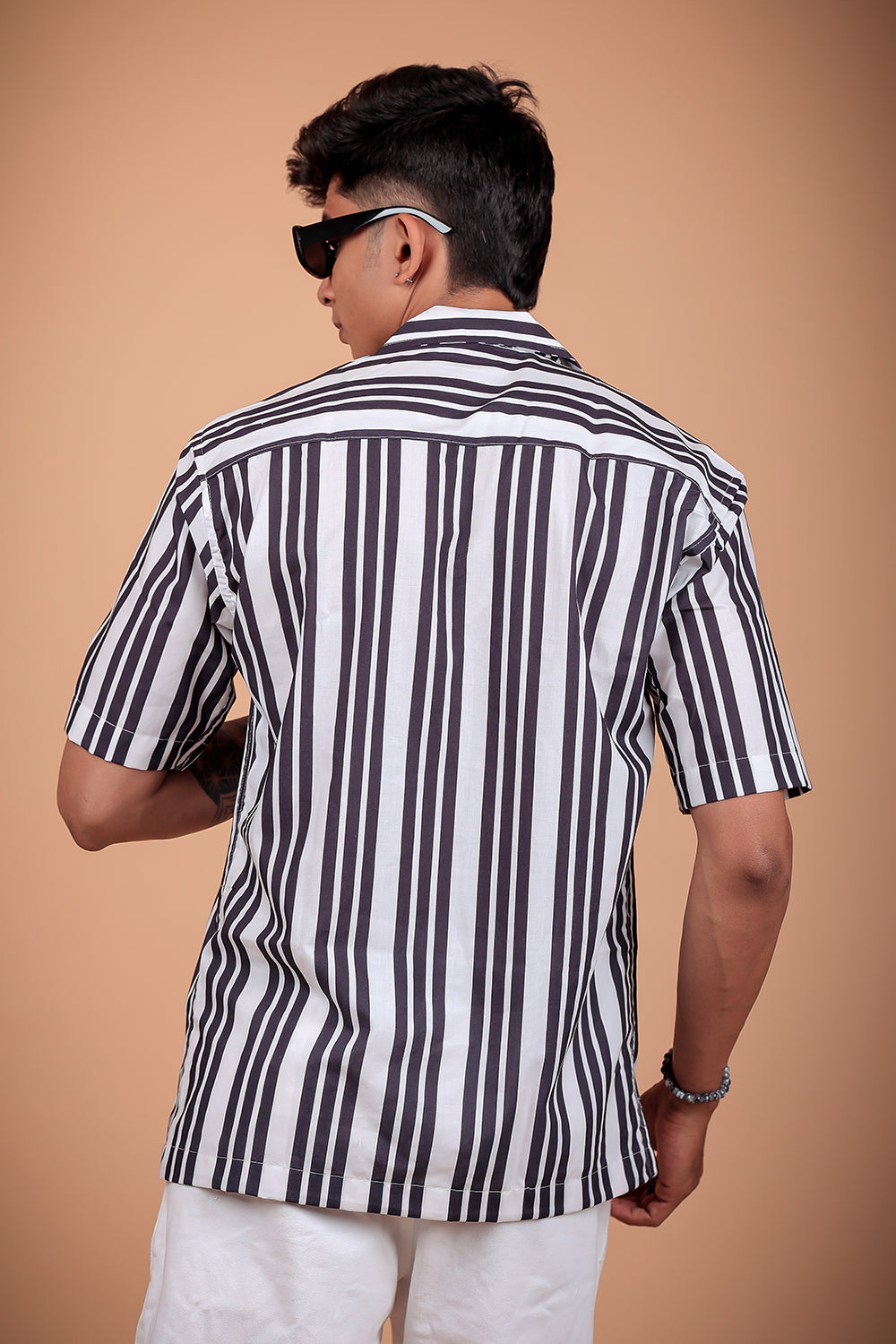 Black And White Striped Printed Half Sleeve Shirt