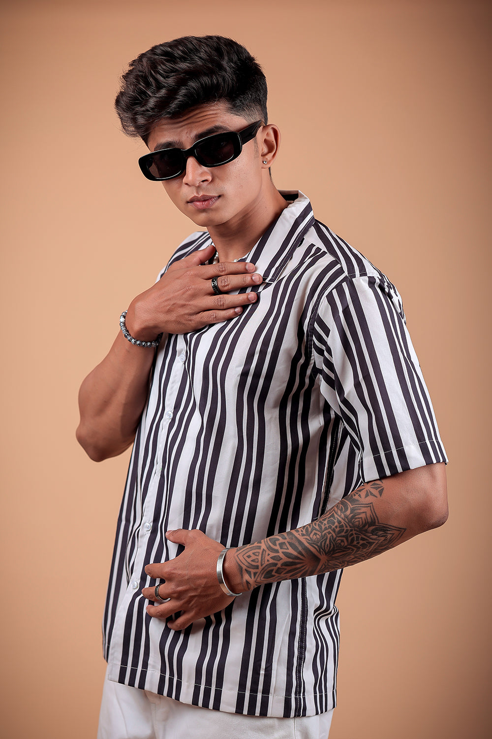Black And White Striped Printed Half Sleeve Shirt