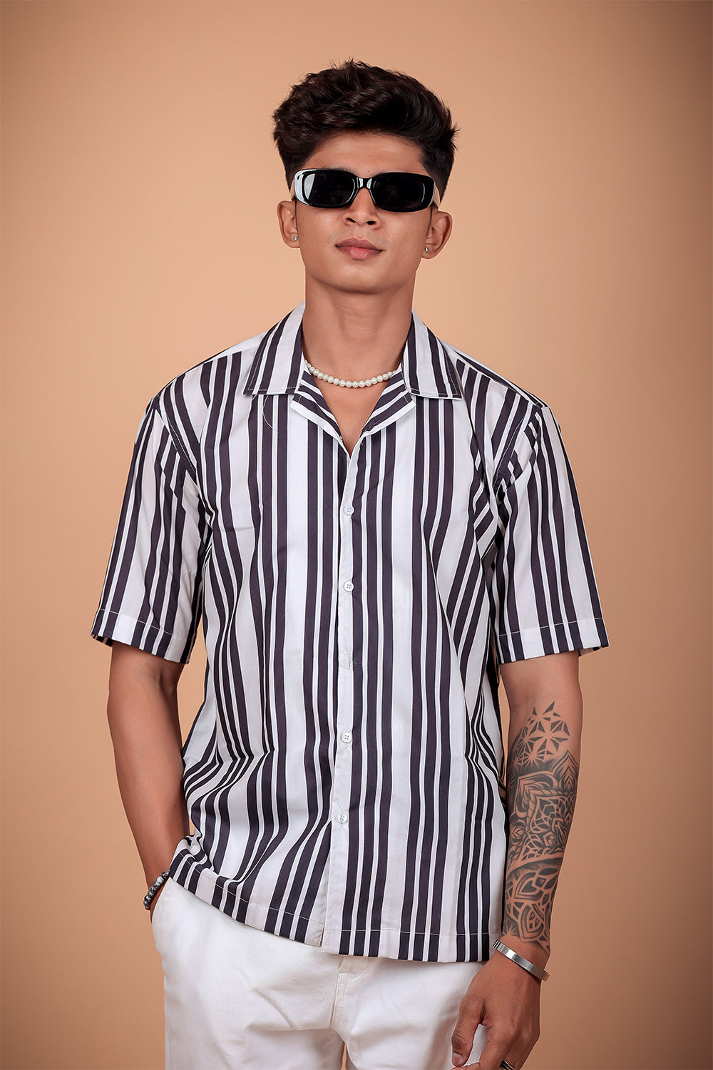 Black And White Striped Printed Half Sleeve Shirt