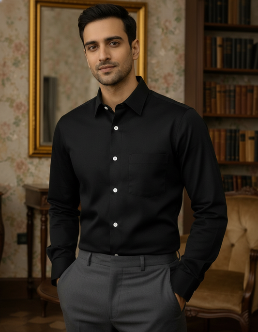 Solid Black Color Satin Cotton Shirt