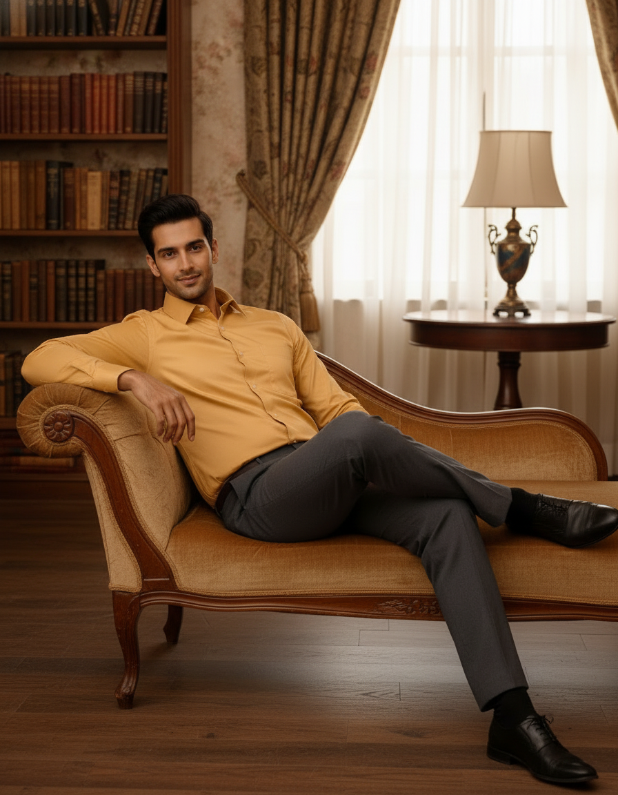 Mustard Yellow Color Satin Cotton Shirt