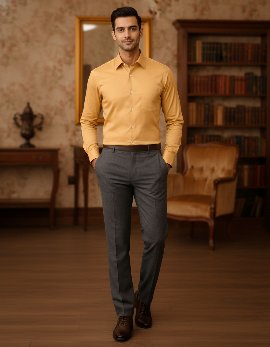 Mustard Yellow Color Satin Cotton Shirt