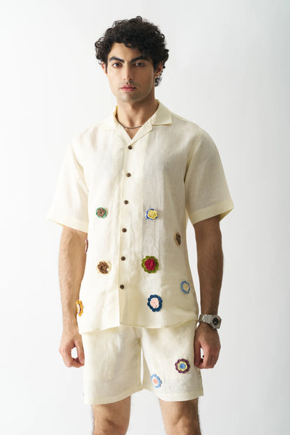 OFF-WHITE PETALS - HAND EMBROIDERED PURE LINEN CO-ORD SET