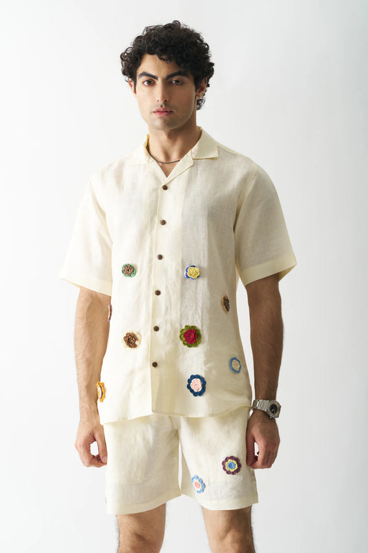 OFF-WHITE PETALS - HAND EMBROIDERED PURE LINEN CO-ORD SET