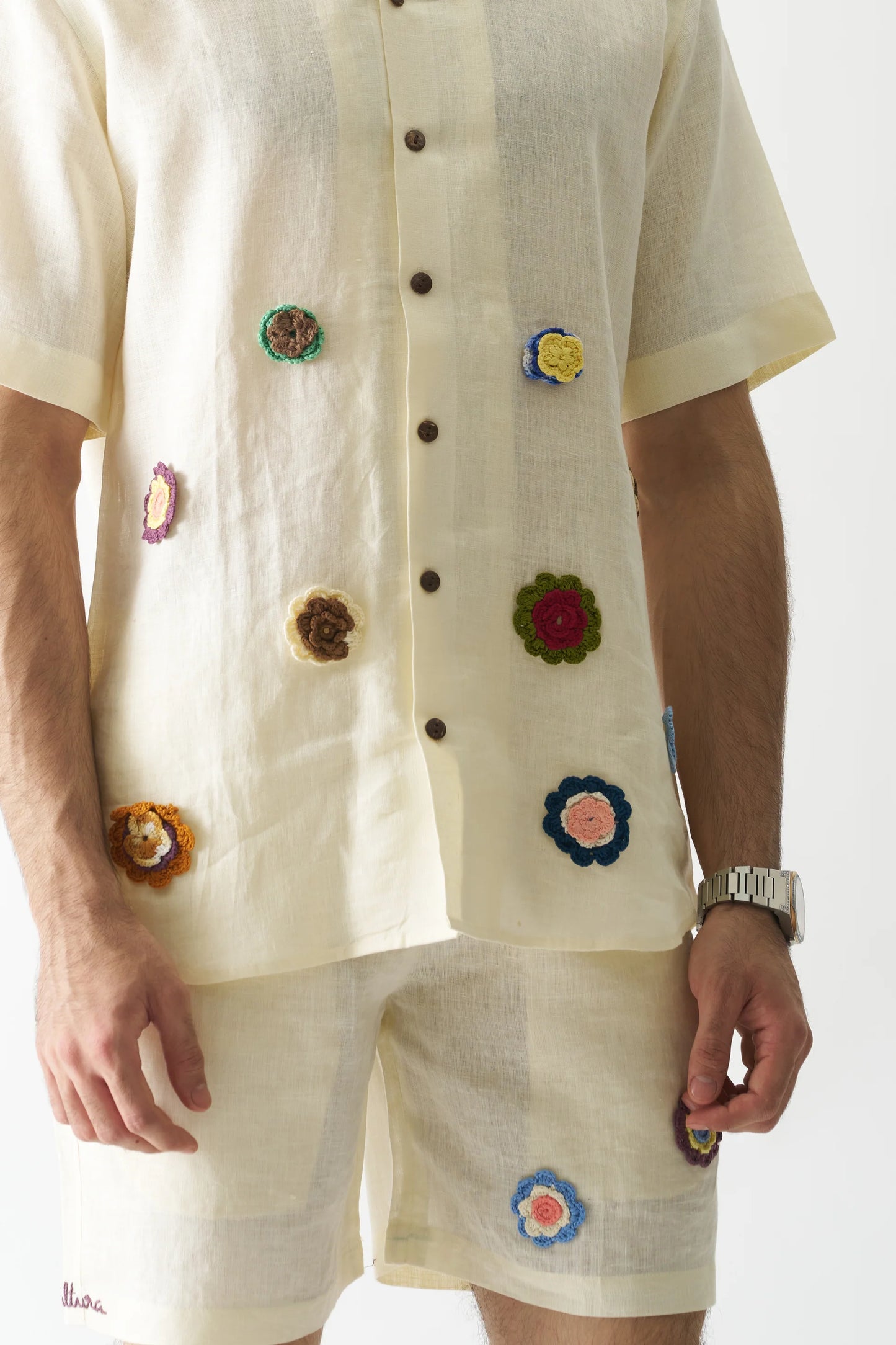 OFF-WHITE PETALS - HAND EMBROIDERED PURE LINEN CO-ORD SET