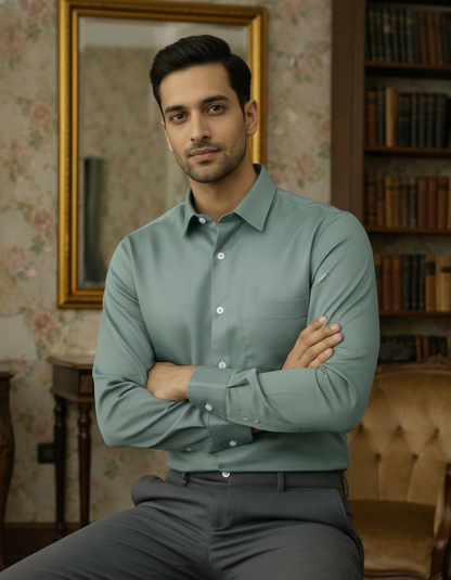 Olive Green Color Satin Cotton Shirt