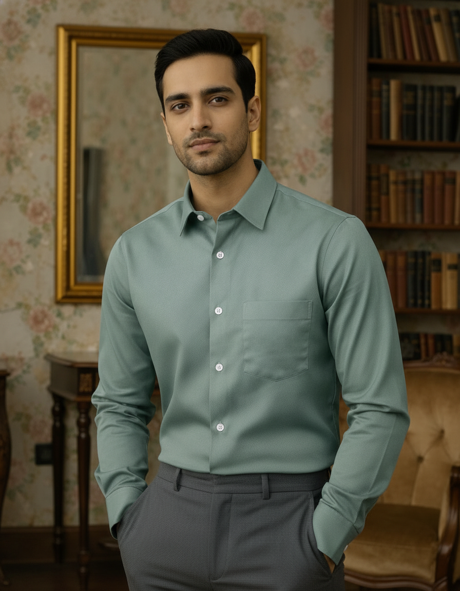 Olive Green Color Satin Cotton Shirt