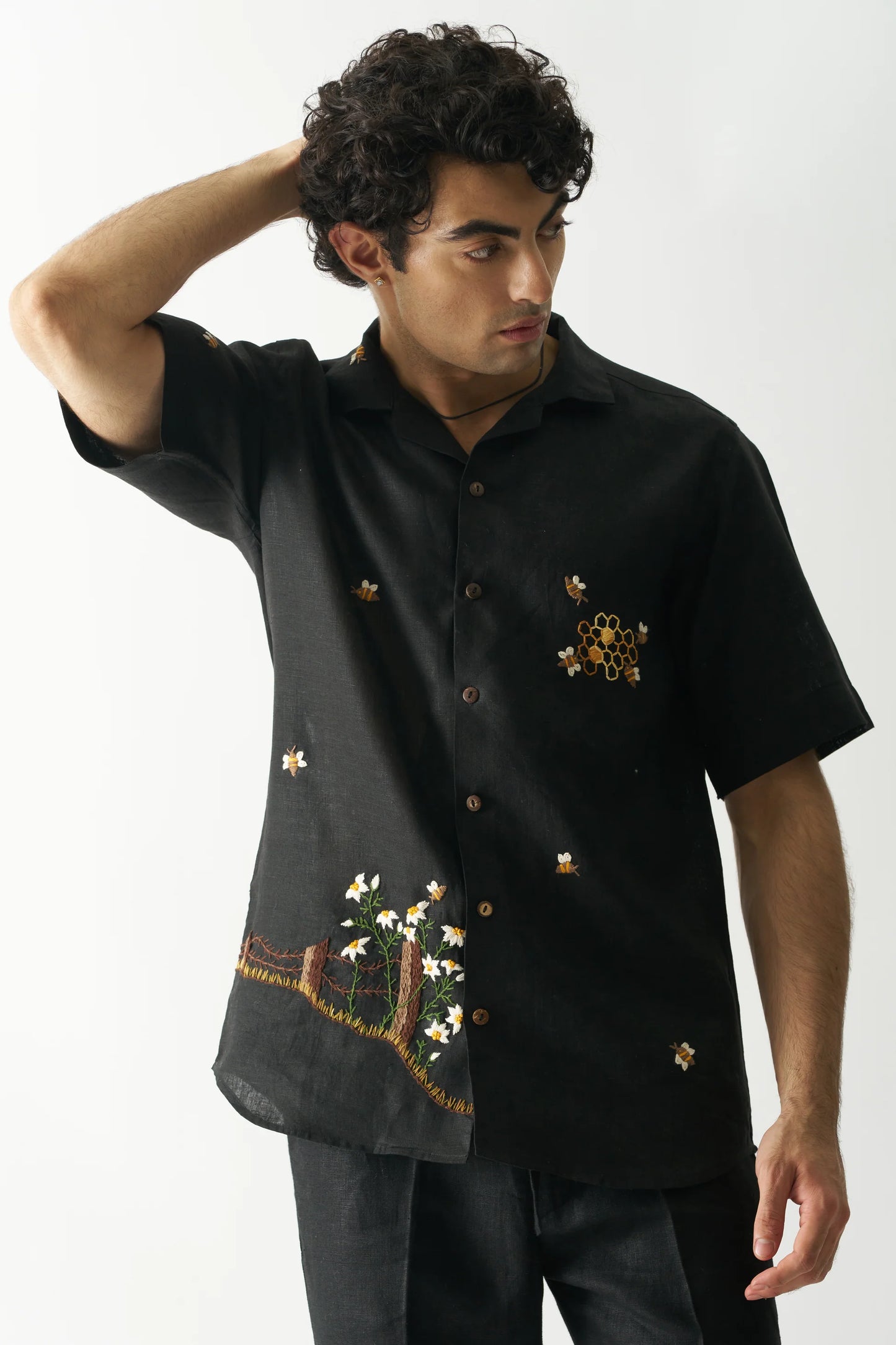 BUZZING BEES - HAND EMBROIDERED PURE LINEN SHIRT