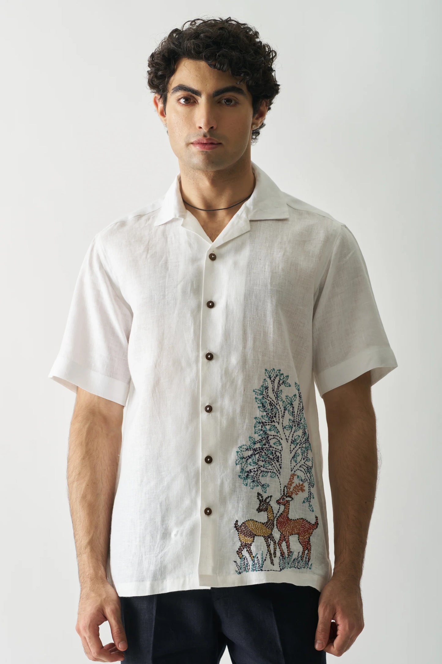 DEER UNDER GIANT OAK - HAND EMBROIDERED PURE LINEN SHIRT