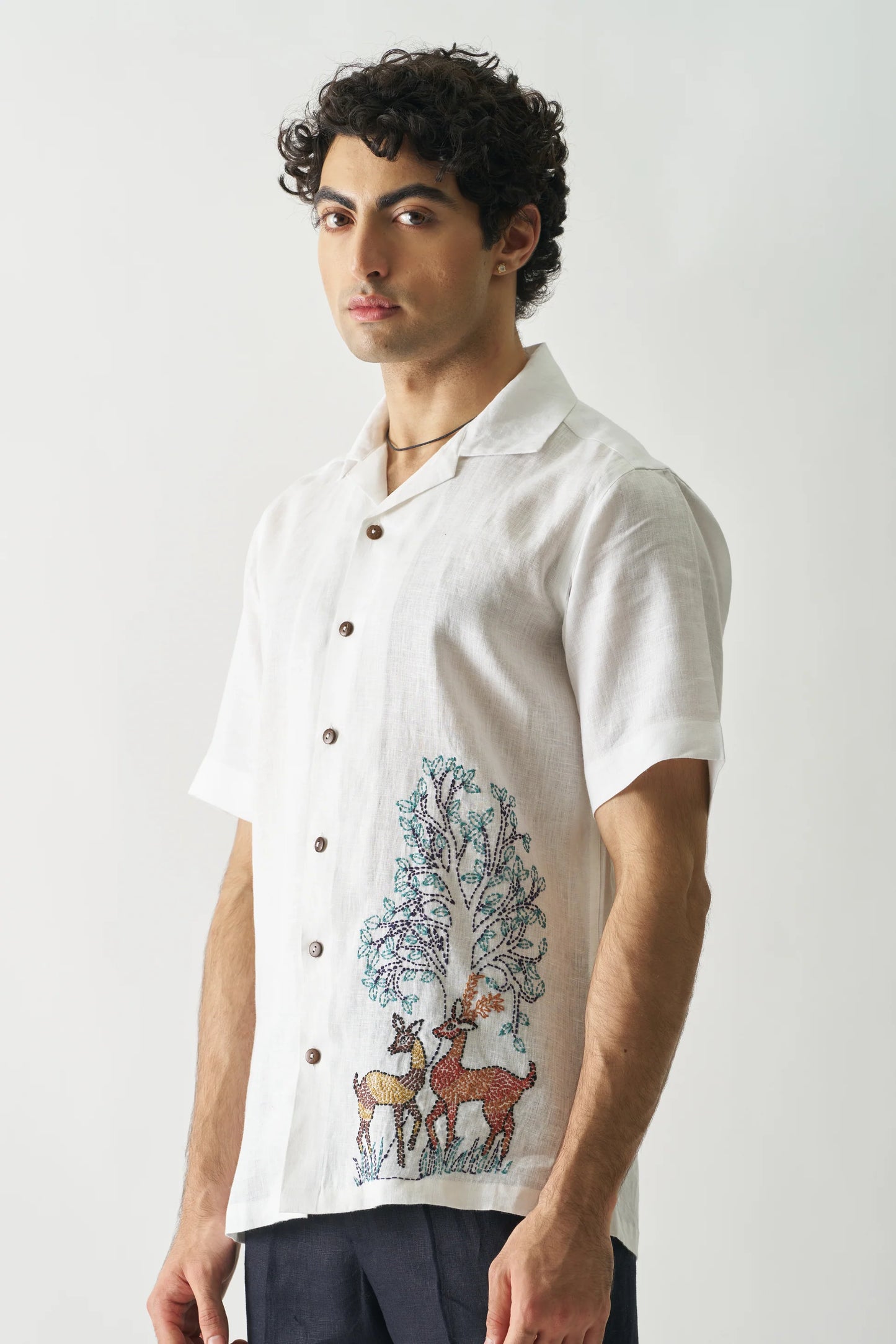 DEER UNDER GIANT OAK - HAND EMBROIDERED PURE LINEN SHIRT