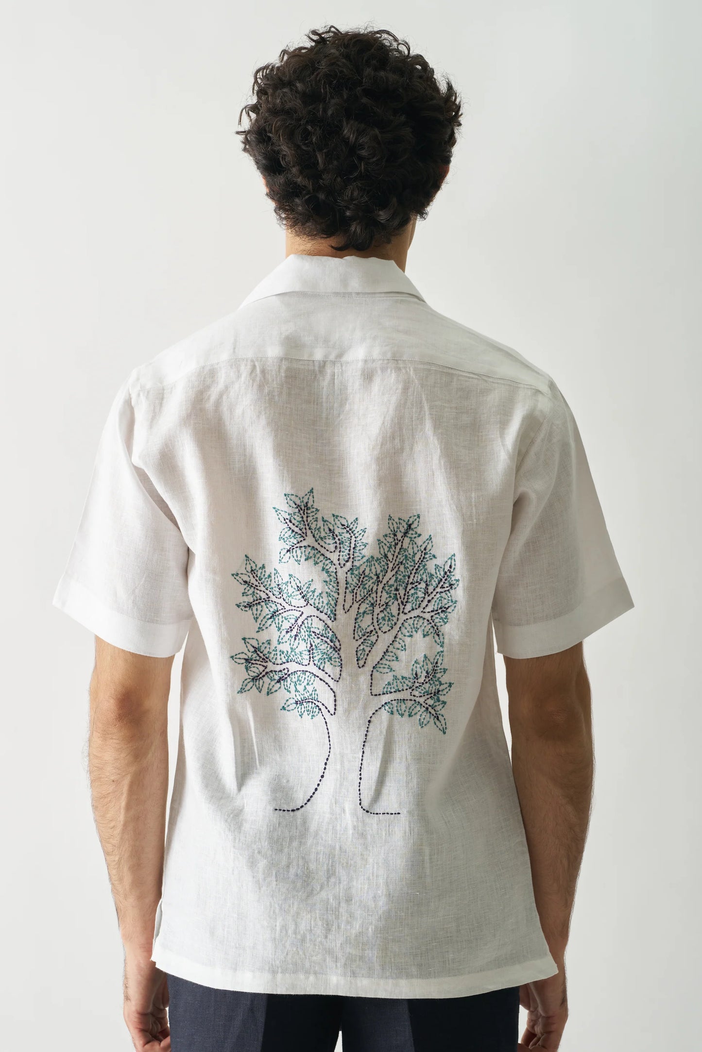 DEER UNDER GIANT OAK - HAND EMBROIDERED PURE LINEN SHIRT