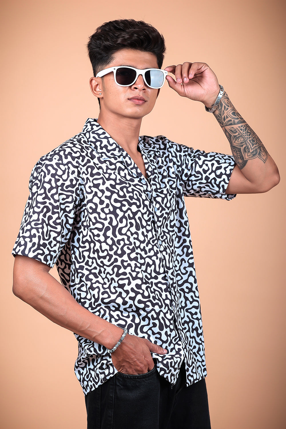 Black And White Printed Half Sleeve Shirt
