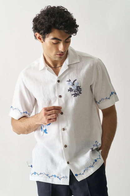 BLOSSOM CASCADE - HAND EMBROIDERED PURE LINEN SHIRT