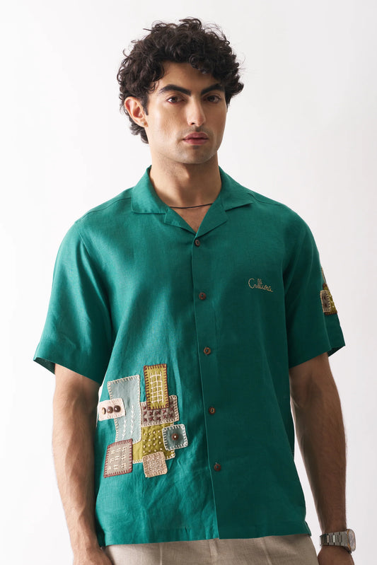 GREEN APPLIQUE - HAND EMBROIDERED PURE LINEN SHIRT