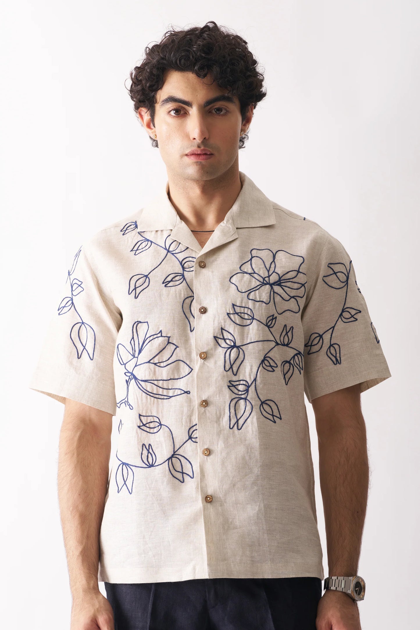 FLORAL SERENADE - HAND EMBROIDERED PURE LINEN SHIRT