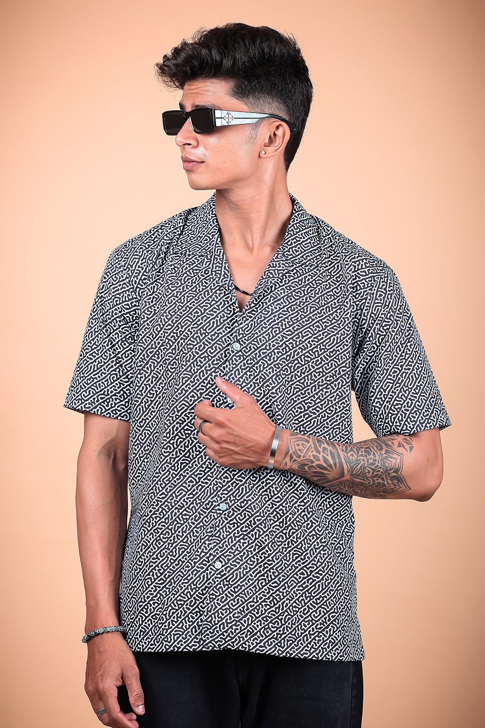 Black And White Printed Half Sleeve Shirt