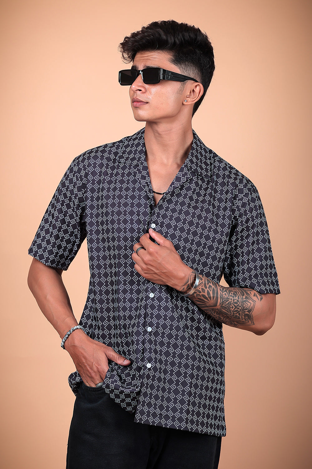 Black And White Printed Half Sleeve Shirt