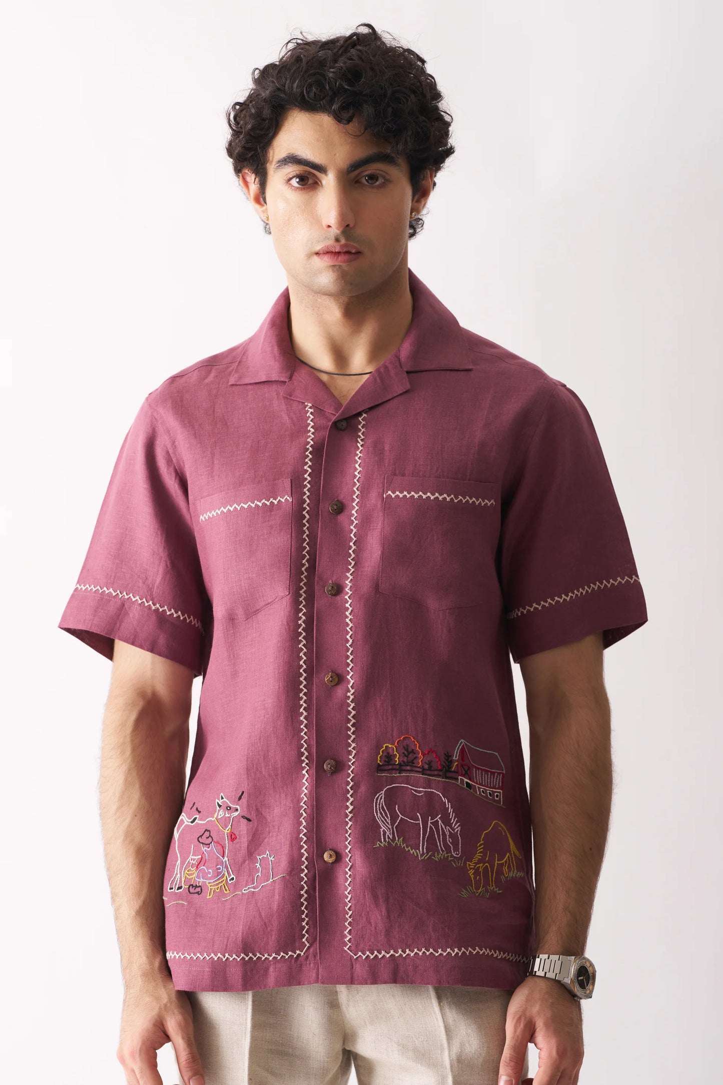 COWBOY'S COURTYARD - HAND EMBROIDERED PURE LINEN SHIRT