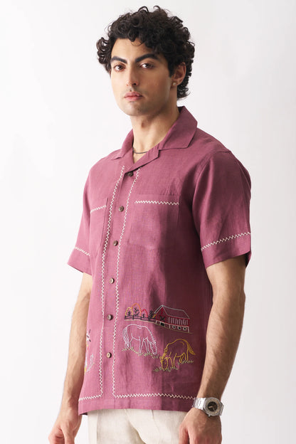 COWBOY'S COURTYARD - HAND EMBROIDERED PURE LINEN SHIRT