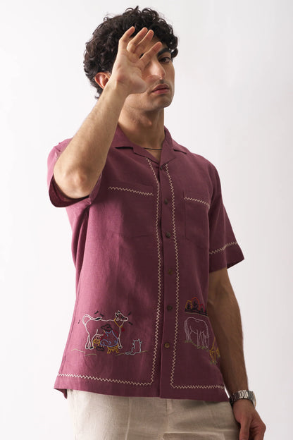 COWBOY'S COURTYARD - HAND EMBROIDERED PURE LINEN SHIRT