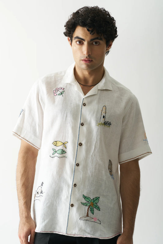 BEACH BLISS - HAND EMBROIDERED PURE LINEN SHIRT