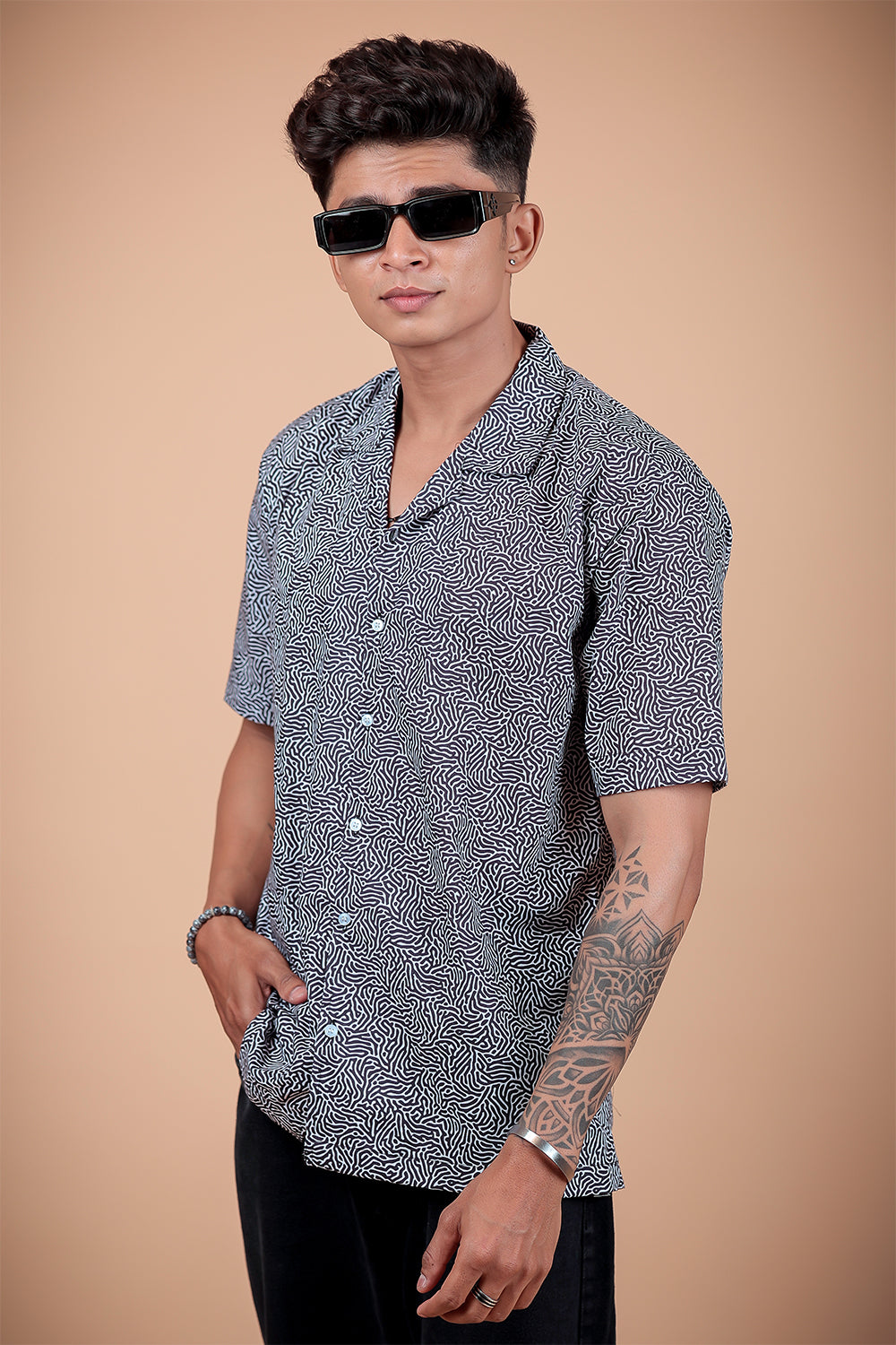 Black And White Printed Half Sleeve Shirt