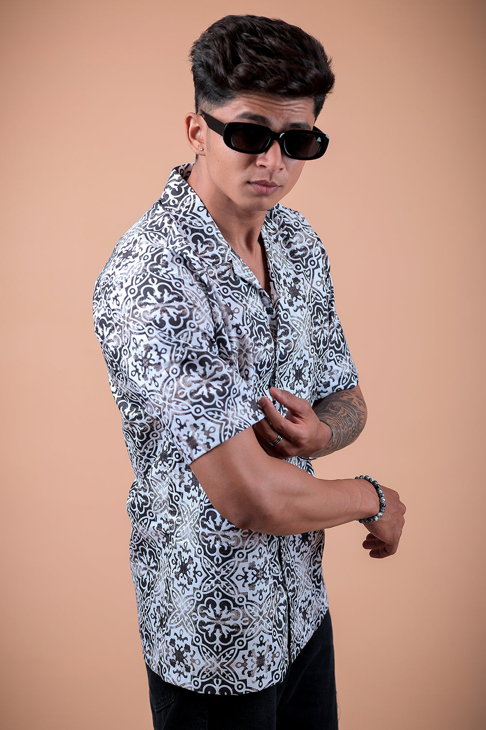 White And Grey Printed Half Sleeve Shirt