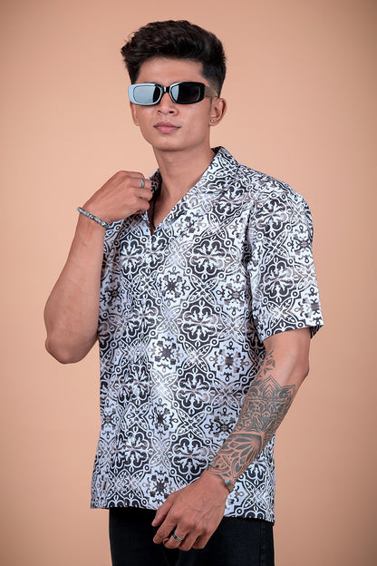 White And Grey Printed Half Sleeve Shirt