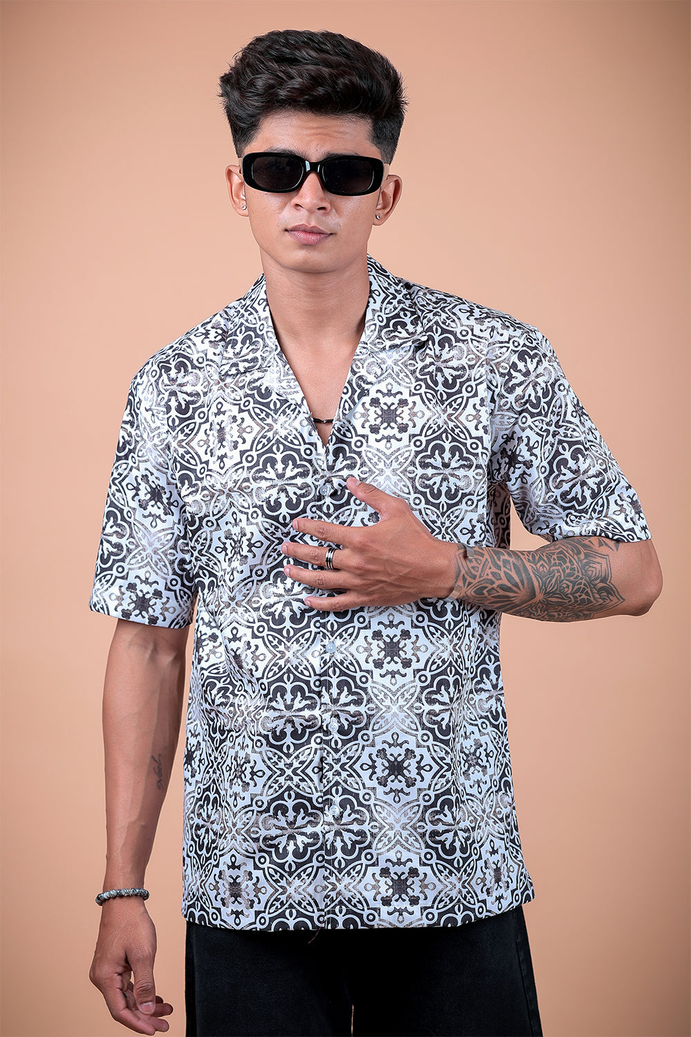 White And Grey Printed Half Sleeve Shirt