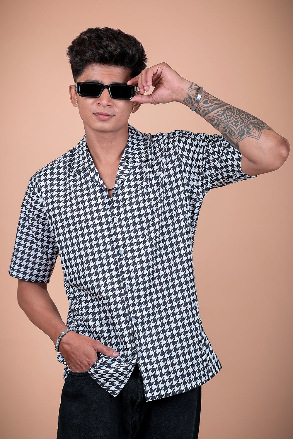 Black And White Printed Half Sleeve Shirt