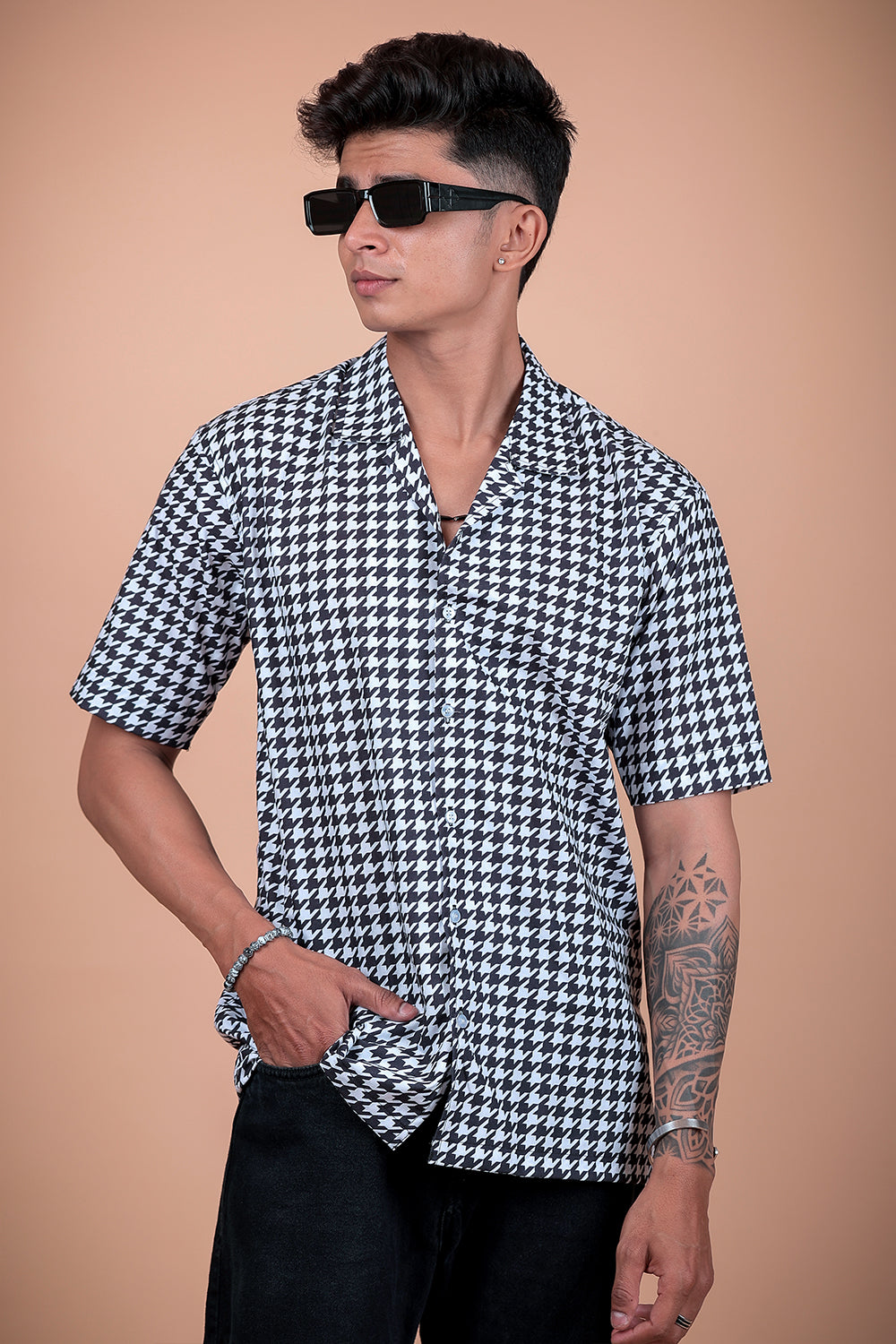 Black And White Printed Half Sleeve Shirt