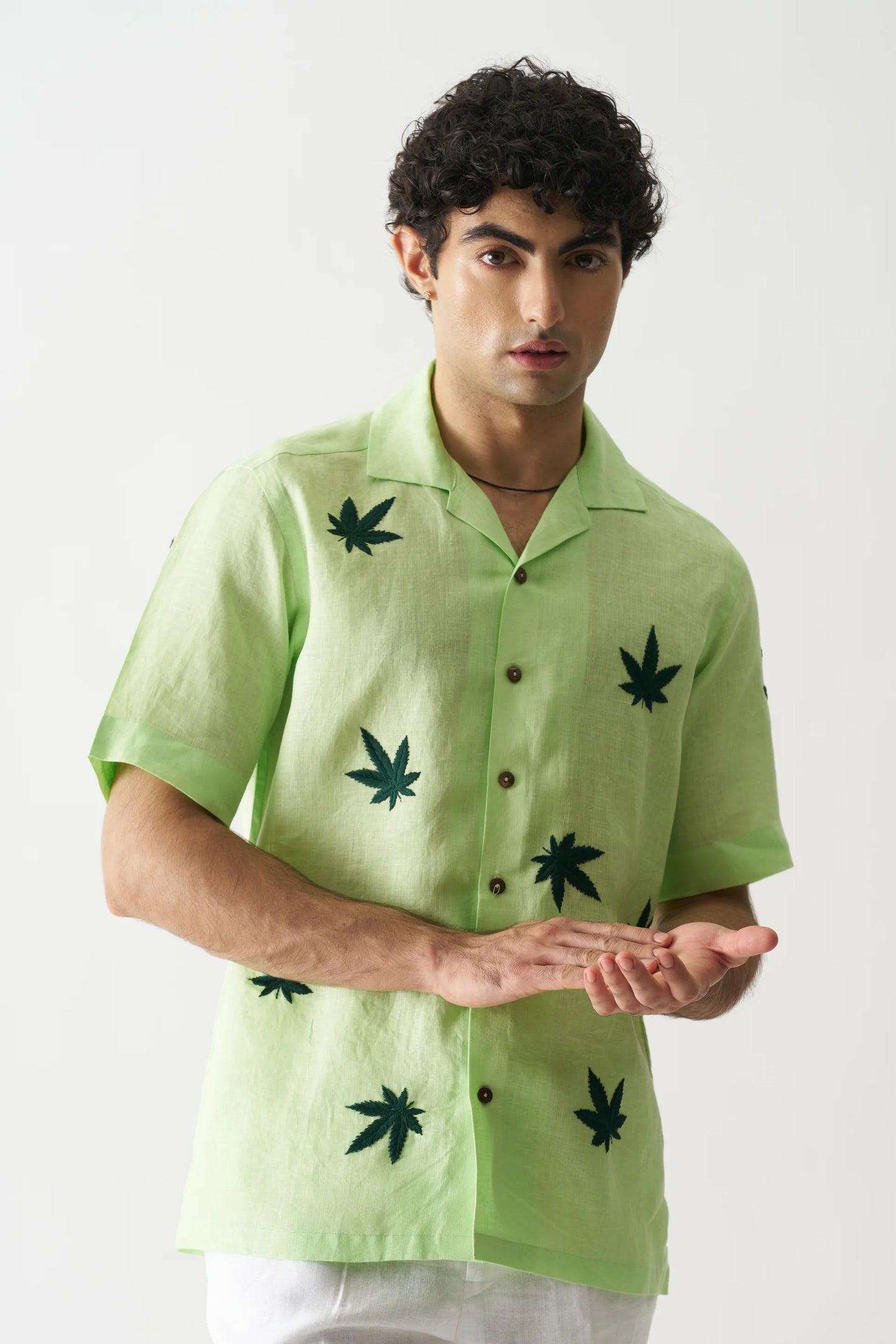 HIGH ON CANNABIS - HAND EMBROIDERED PURE LINEN SHIRT