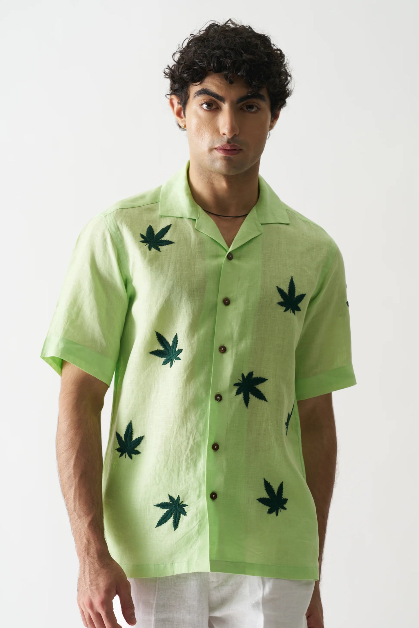 HIGH ON CANNABIS - HAND EMBROIDERED PURE LINEN SHIRT