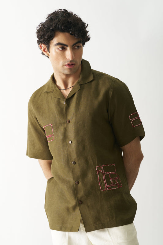 MOSSY MOSAIC - HAND EMBROIDERED PURE LINEN SHIRT