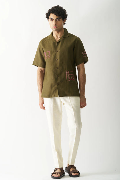 MOSSY MOSAIC - HAND EMBROIDERED PURE LINEN SHIRT