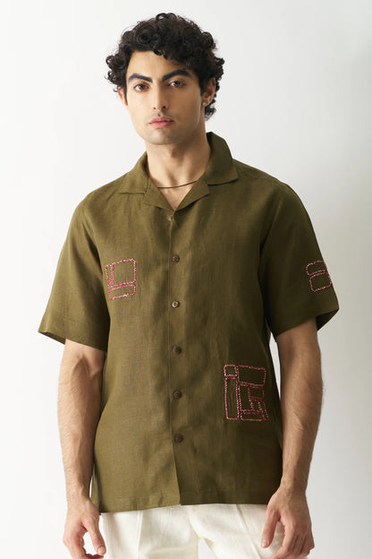 MOSSY MOSAIC - HAND EMBROIDERED PURE LINEN SHIRT