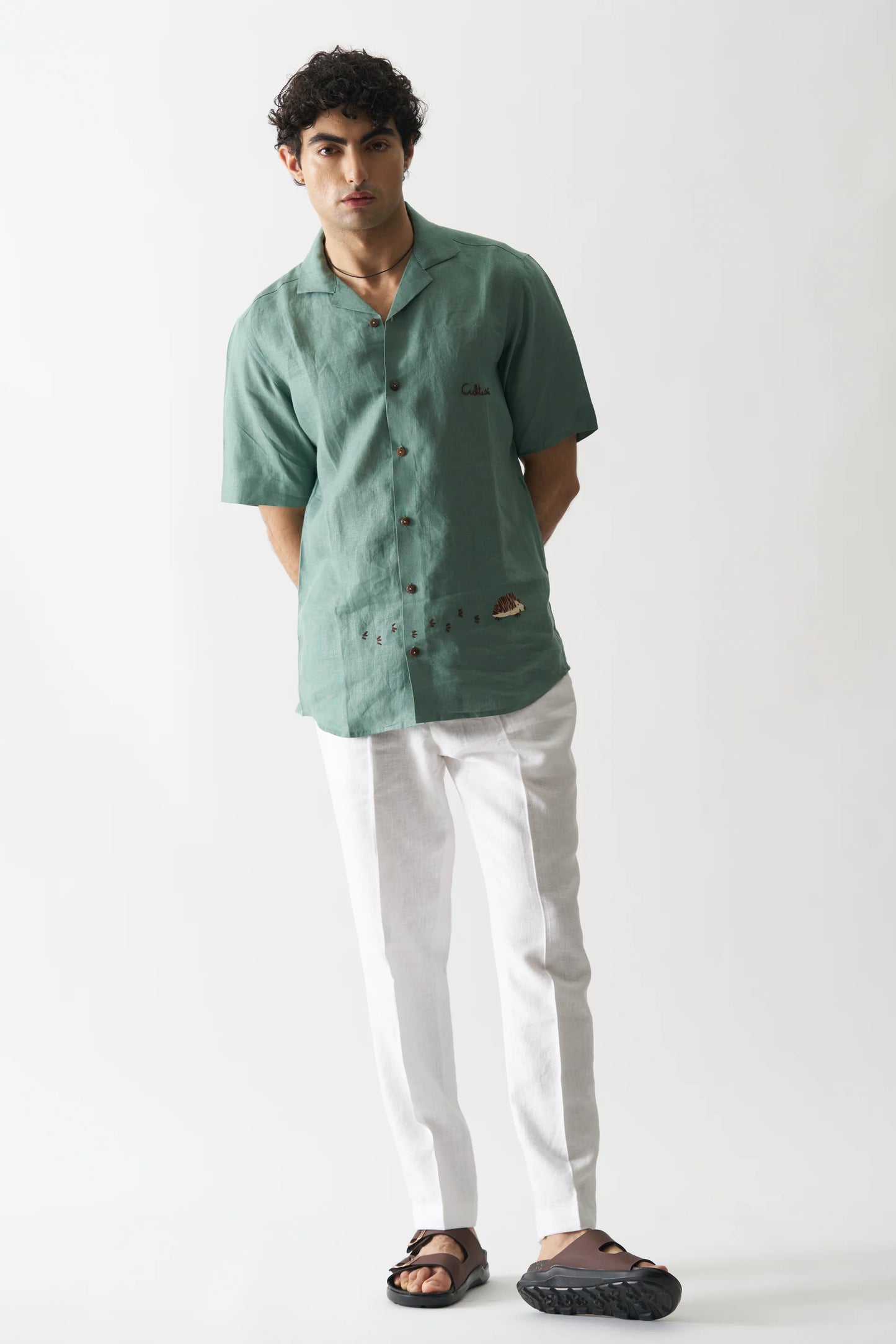 GREEN OASIS - HAND EMBROIDERED PURE LINEN SHIRT