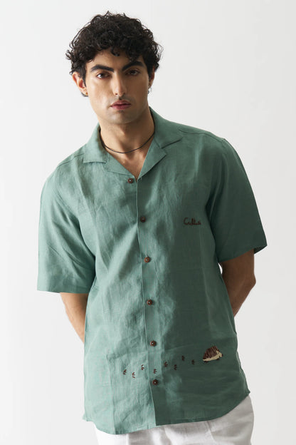 GREEN OASIS - HAND EMBROIDERED PURE LINEN SHIRT