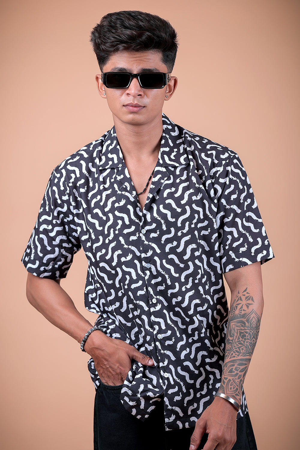 Black And White Printed Half Sleeve Shirt