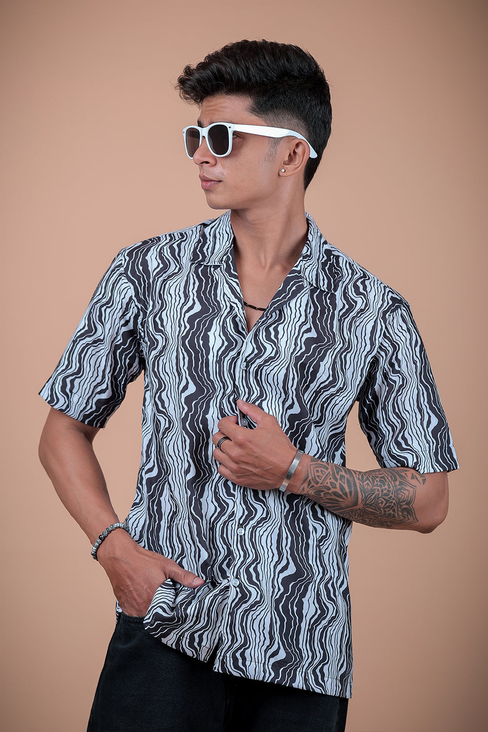 Black And White Printed Half Sleeve Shirt