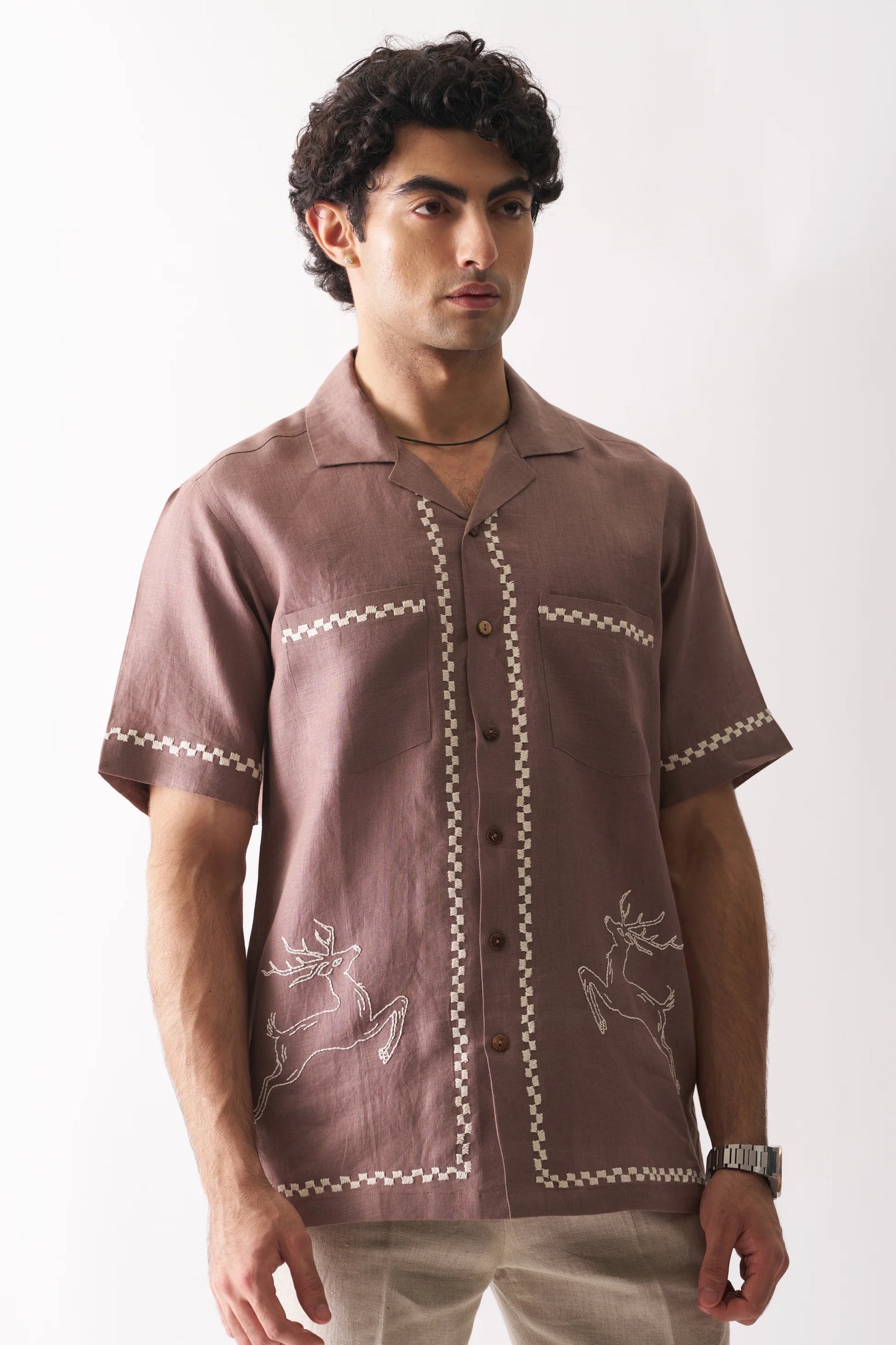 DEER'S DELIGHT - HAND EMBROIDERED PURE LINEN SHIRT