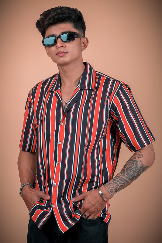 Red And Black Stripe Printed Half Sleeve Shirt