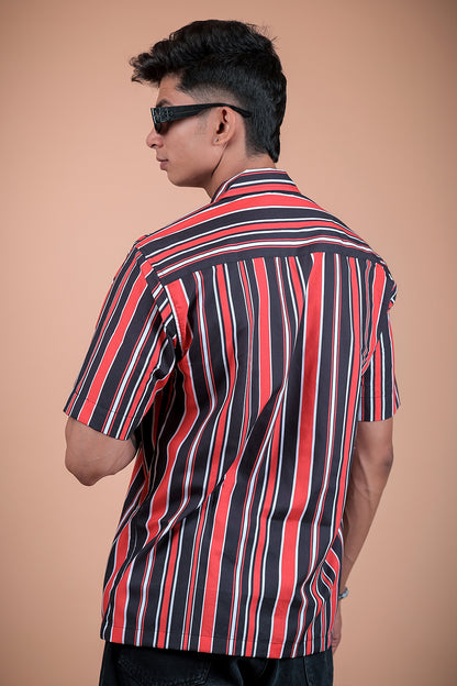 Red And Black Stripe Printed Half Sleeve Shirt