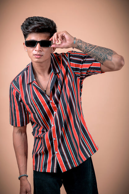 Red And Black Stripe Printed Half Sleeve Shirt