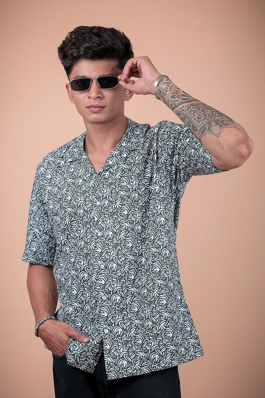 Green And White Printed Half Sleeve Shirt