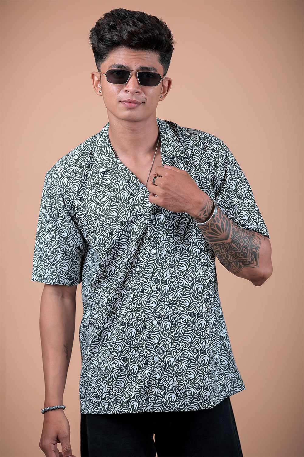 Green And White Printed Half Sleeve Shirt